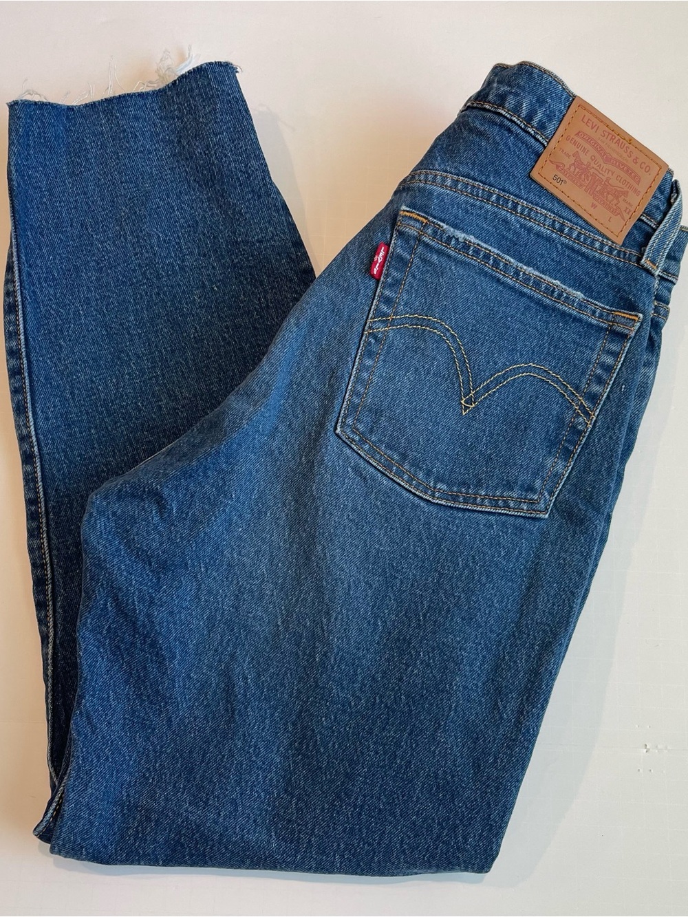 Levis 501 Charleston Fun Medium Wash Frayed Raw Hem Cropped Jeans